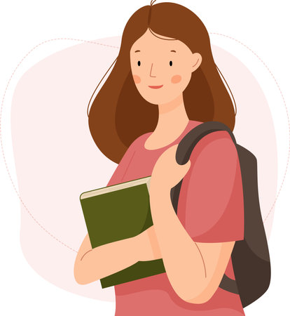 Cute girl student with a backpack holding a book. Young woman studying at university. Vector flat illustration.のイラスト素材