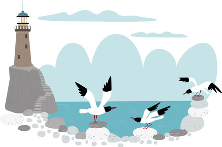 Landscape with lighthouse on the rock and blue sea. Scene with seagulls on the seashore.のイラスト素材