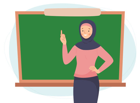 Female teacher in classroom. Muslim woman showing something on a chalkboard. School and learning concept. Teachers day.のイラスト素材