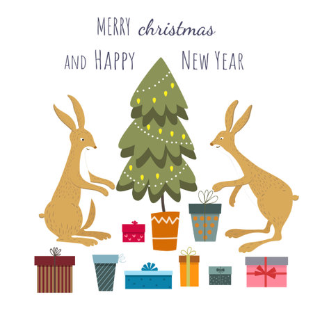 Two cute bunnies decorate the Christmas tree. Set with Christmas tree and many gifts.のイラスト素材