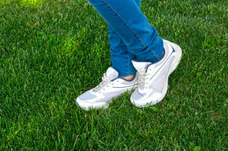 A pair of athletic shoes on the grassの写真素材