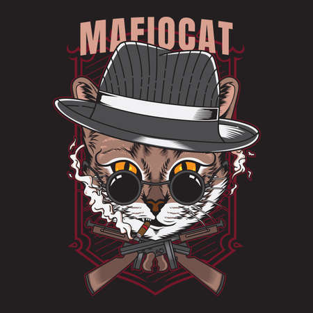 Mafia cat tshirt design vector illustration style suitable for poster, flyer, greeting cards, sticker, social media and tshirt designのイラスト素材