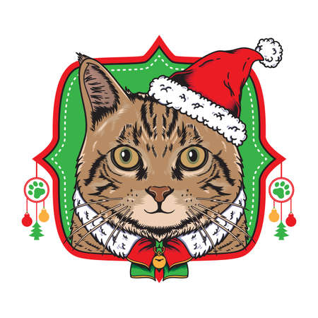 Cat christmas wear santa claus hat illustration suitable for poster, flyer, greeting cards, sticker, social media and tshirt designのイラスト素材