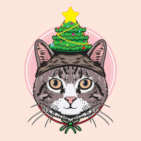 Cat Christmas use Pine Hat Illustration suitable for poster, flyer, greeting cards, sticker, social media and tshirt designのイラスト素材