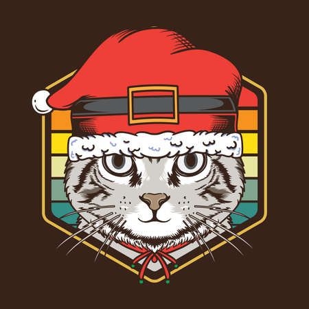 Retro Vintage Sunset Cat use Santa Hat Illustration suitable for poster, flyer, greeting cards, sticker, social media and tshirt designのイラスト素材