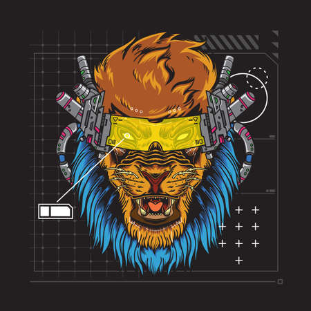 Cyberpunk Futuristic Lion Illustration suitable for poster, flyer, greeting cards, sticker, social media and tshirt designのイラスト素材