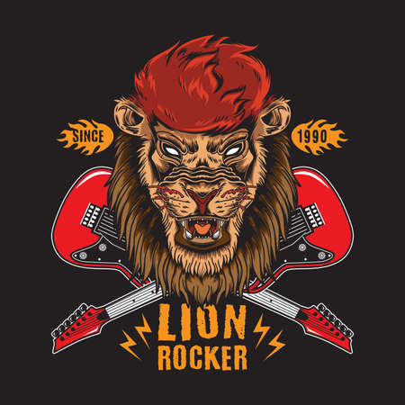 Retro Vintage Lion Rock n Roll with Crossed Guitar Illustration suitable for poster, flyer, greeting cards, sticker, social media and tshirt designのイラスト素材