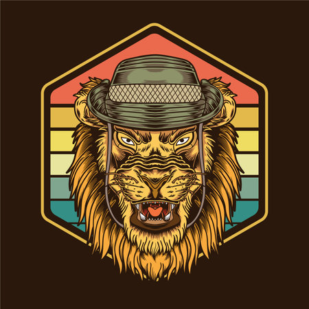 Retro Vintage Sunset Lion Wearing Safari Hats Illustration suitable for poster, flyer, greeting cards, sticker, social media and tshirt designのイラスト素材