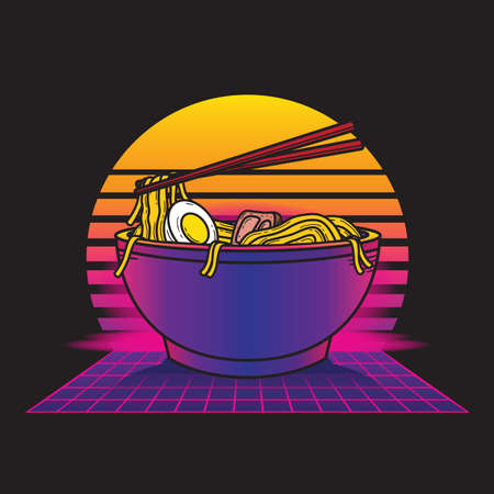 Vintage retrowave ramen food illustration style suitable for poster, flyer, greeting cards, sticker, social media and tshirt designのイラスト素材