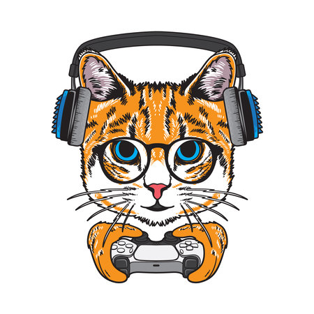 vector illustration cool cat holding gaming controller flat cartoon style suitable for poster, flyer, greeting cards, sticker, social media and tshirt designのイラスト素材