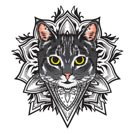 vector illustration cool cat flower mandala flat cartoon style suitable for poster, flyer, greeting cards, sticker, social media and tshirt designのイラスト素材
