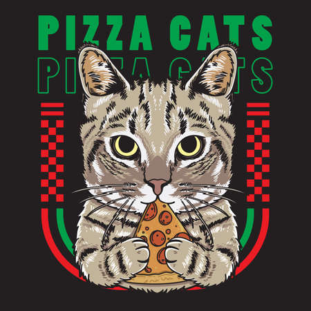 vector illustration cool cat holding pizza flat cartoon style suitable for poster, flyer, greeting cards, sticker, social media and tshirt designのイラスト素材
