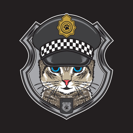 vector illustration cool cat wearing vintage police hats flat cartoon style suitable for poster, flyer, greeting cards, sticker, social media and tshirt designのイラスト素材