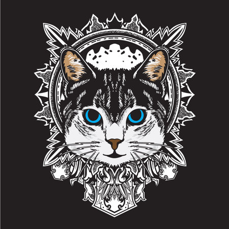 vector illustration cool black white cat flower mandala flat cartoon style suitable for poster, flyer, greeting cards, sticker, social media and tshirt designの写真素材