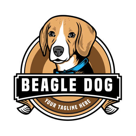 Cute beagle dog pet emblem logo vector icon illustration. Isolated on white background. Suitable for poster, flyer, greeting cards, sticker, social media and tshirt designのイラスト素材