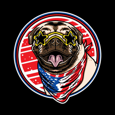 Pug dog head eyeglasses wearing american flag neck bandana illustration isolated on black backgroundのイラスト素材