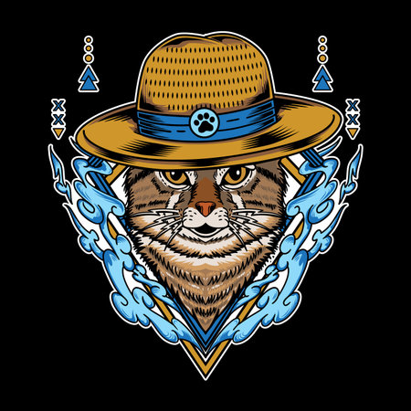 Cat wearing straw hat and have water element vector illustration isolated on black backgroundのイラスト素材