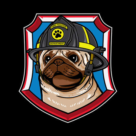 Vector graphic logo design of pug dog cartoon with vintage retro fire fighter style in black background. Good for icon, mascot, badge, emblem, banner, poster, flyer, social media post, shirtのイラスト素材