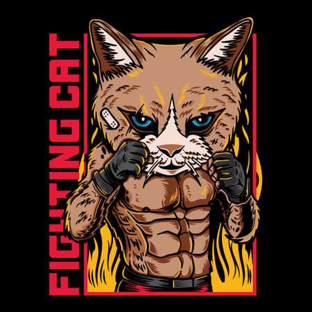 Vector graphic Illustration of cat fighter cartoon with vintage retro street martial art style in black background. Good for logo, mascot, badge, emblem, banner, poster, flyer, social media, shirtのイラスト素材