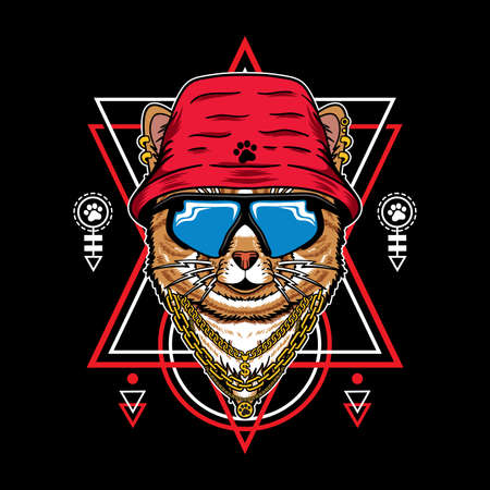 Vector Illustration of cat cartoon with vintage retro hip hop rapper style in black background. Good for logo, mascot, badge, emblem, banner, poster, flyer, social media, shirtのイラスト素材