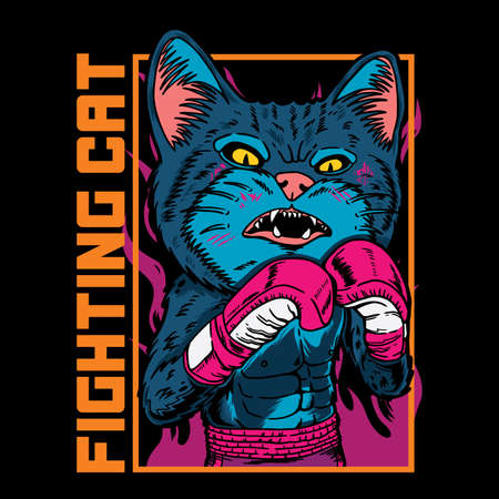 Vector graphic Illustration of cat boxer cartoon with vintage retro street boxing style in black backround. Good for logo, mascot, badge, emblem, banner, poster, flyer, social media, shirtのイラスト素材