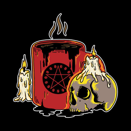 Vector Illustration of halloween coffee skull with vintage retro cartoon style in black background. Good for logo, background, t shirtのイラスト素材