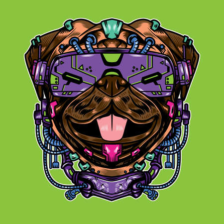 Vector Illustration of pug dog with cool futuristic cyberpunk cartoon style in isolated background. Good for logo, background, t shirtのイラスト素材