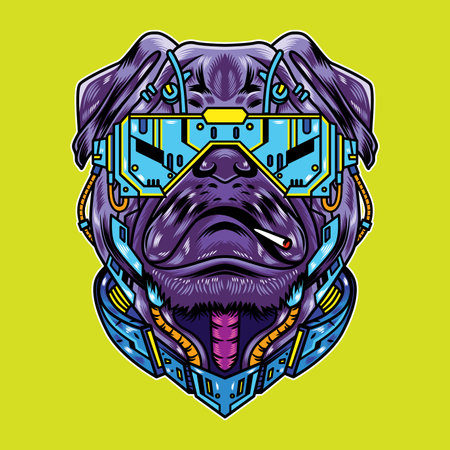 Vector Illustration of pug dog with cool futuristic cyberpunk cartoon style in isolated background. Good for logo, background, t shirtのイラスト素材
