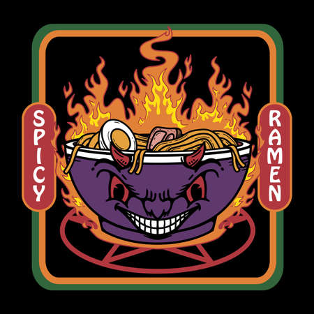 Vector Illustration of halloween ramen udon noodle with vintage retro cartoon style in black background. Good for logo, background, t shirtのイラスト素材