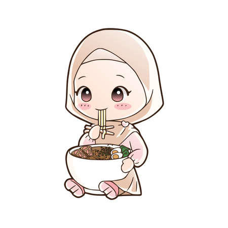 Cute moslem girl eat halal ramen noodles food hand drawn cartoon art illustration. Mascot logo vector styleのイラスト素材