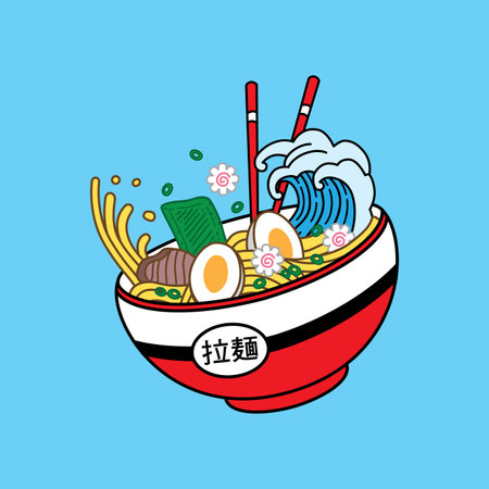 Ramen noodles vector illustration on bowl and chopstick with great wave vintage retro flat style. Japanese noodle soup. Kanji means Ramen.のイラスト素材
