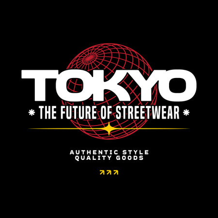 Modern futuristic y2k streetwear typography Tokyo slogan print for man - woman graphic tee t shirt vector design icon illustration. Poster, banner, sticker, pin, badge, patchのイラスト素材