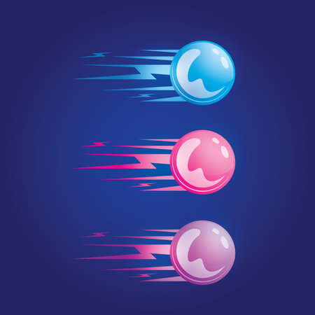 Magic lightning balls flames set. Realistic blue, pink, purple lightning isolated on dark blue background for design and decoration. Vector Illustrationのイラスト素材