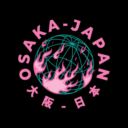 Osaka Tokyo Japan vintage t-shirt streetwear. Typography slogan tshirt design with kanji in japanese translation : Osaka Japan. Vector illustration.のイラスト素材