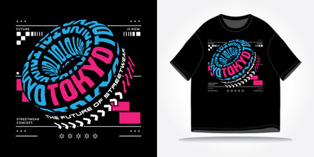Tokyo japan streetwear tshirt slogan typography y2k, futuristic, future, cyberpunk, retrofuturism. Vector logo icon design illustration.Poster, background, clothing, sticker, badgeのイラスト素材