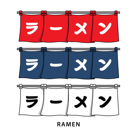 Traditional horizontal banner (entrance curtain) japanese ramen cart, house, shop vector style. Kanji translation : Ramen. In several color option.のイラスト素材