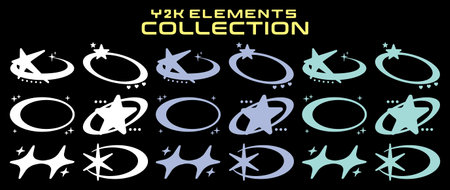 Streetwear y2k graphic assets set. Rave, acid, retro futuristic, elements for slogan, quotes, typography, poster, banner. Geometric shapes, symbols, icons. Aesthetic graphic setのイラスト素材