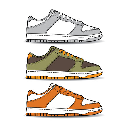 Sneakers shoe set collection with different color. Sneaker side view flat design concept. Vector icon logo illustration.のイラスト素材