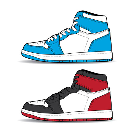Sneakers shoe set collection with different color. Sneaker side view flat design concept. Vector icon logo illustration.のイラスト素材