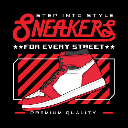 Sneakers shoes with slogan lettering typography custom font for tshirt streetwear. Sneaker t-shirt design hipster logo icon illustrationのイラスト素材