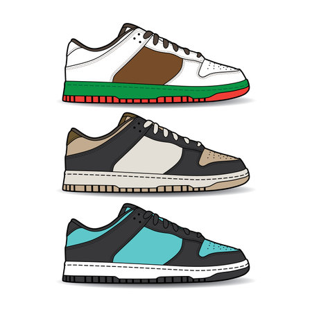 Sneakers shoe set collection with different color. Sneaker side view flat design concept. Vector icon logo illustration.のイラスト素材