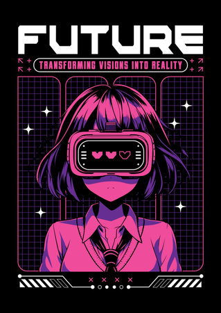 Anime girl poster in manga style. Tokyo Japan anime girl with concept of virtual reality,retro,futurism,futuristic,cyberpunk. Japanese y2k vector illustration.のイラスト素材