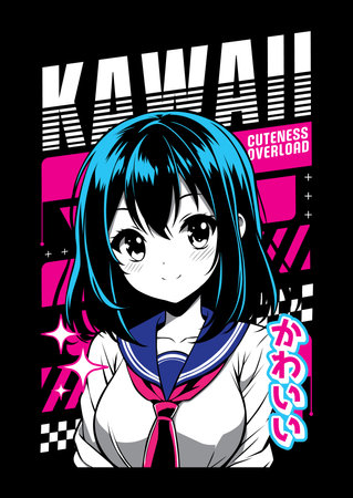 Anime girl poster with kawaii cute on theme of virtual reality, future, cyberpunk, retrofuturism. Japanese poster in manga style. Tshirt graphic y2k vector illustration. Kanji tranのイラスト素材