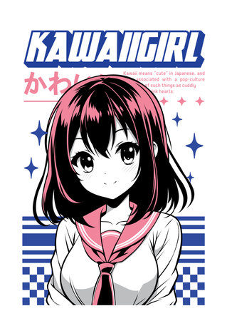 Anime girl poster in manga style. Tokyo Japan anime girl with concept of virtual reality,retro,futurism,futuristic,cyberpunk. Japanese y2k vector illustration.のイラスト素材