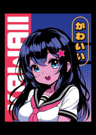Anime girl poster in manga style. Tokyo Japan anime girl with concept of virtual reality,retro,futurism,futuristic,cyberpunk. Japanese y2k vector illustration.のイラスト素材