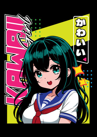 Anime girl poster with kawaii cute on theme of virtual reality, future, cyberpunk, retrofuturism. Japanese poster in manga style. Tshirt graphic y2k vector illustrationのイラスト素材