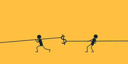 Tug of war. Fighting for money. Vector illustration on a yellow background.のイラスト素材