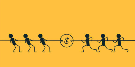 Tug of war. Fighting for money. Vector illustration on a yellow background.のイラスト素材