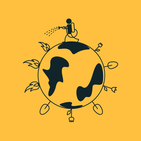 Fire extinguishing. Man saves the earth from fire. Recovery. A new life. Vector illustration on a yellow background. The Rebirth of the Earthのイラスト素材