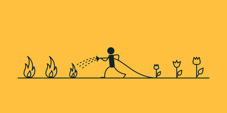 Fire extinguishing. Man saves the earth from fire. Recovery. A new life. Vector illustration on a yellow background. The flowers are growing.のイラスト素材